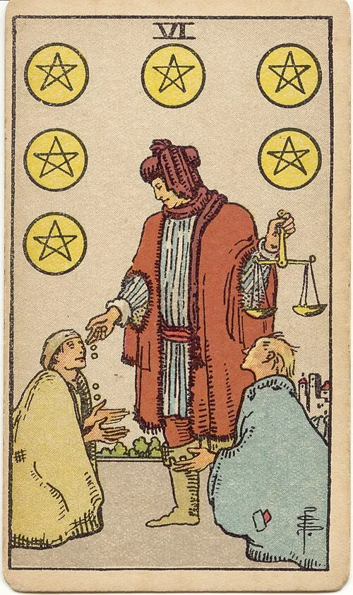 Tranh lá bài Sáu Tiền (Six of Pentacles)