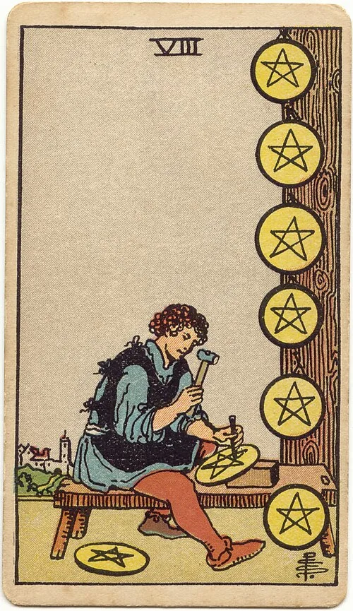 Tranh lá bài Tám Tiền (Eight of Pentacles)